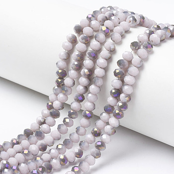 Electroplate Opaque Glass Beads Strands, Half Purple Plated, Faceted, Rondelle, Antique White, 6x5mm, Hole: 1mm, about 85~88pcs/strand, 16.1~16.5 inch(41~42cm)