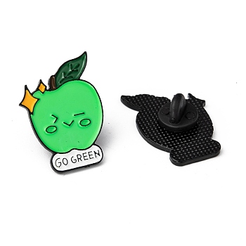 Creative Zinc Alloy Brooches, Enamel Lapel Pin, with Iron Butterfly Clutches or Rubber Clutches, Electrophoresis Black, Apple with Word Go Green, Lime, 30x20mm, Pin: 1mm