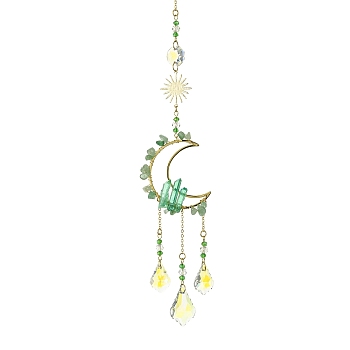 Natural Green Aventurine & Glass Pendants Decoration, with 304 Stainless Steel Split Rings, Moon & Sun, 300mm