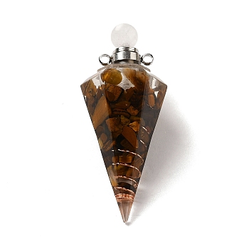Natural Tiger Eye Perfume Bottle Pendants, Resin Faceted Cone Charms with Platinum Plated Brass Screw Cap, 46.5~48x19~20x17~18mm, Hole: 1.8mm