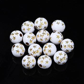 Craft Style Opaque White Acrylic Beads, Round with Star, Goldenrod, 7.5~8mm, Hole: 1.8mm, about 2000pcs/500g