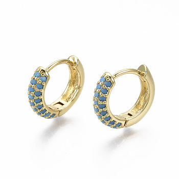 Brass Micro Pave Cubic Zirconia Huggie Hoop Earrings, Real 18K Gold Plated, Nickel Free, Ring, Light Sky Blue, 13x15.5x4mm, Pin: 0.8mm