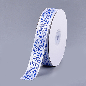 Single Face Satin Ribbon, Polyester Ribbon, Flower Pattern, Cornflower Blue, 1 inch(25mm), about 50yards/roll(45.72m/roll)