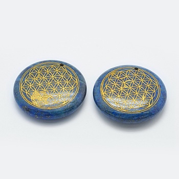 Natural Lapis Lazuli Pendants, Flat Round with Seed of Life/Sacred Geometry, 39x9.5mm, Hole: 1.5mm