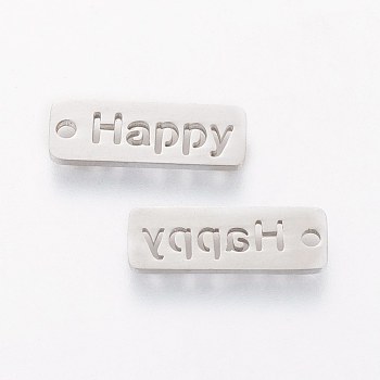 5Pcs 304 Stainless Steel Pendants, Inspirational Message Pendants, Rectangle with Word Happy, Stainless Steel Color, 17x6x1mm, Hole: 1.5mm