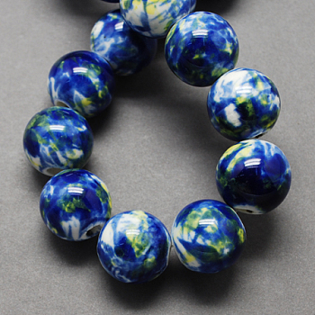 Handmade Porcelain Beads, Round, Blue, 8mm, Hole: 2mm