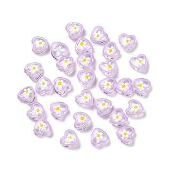 Transparent Glass Beads, with Enamel, Heart with Flower Pattern, Plum, 12x12x6.5mm, Hole: 0.9mm