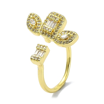 Brass with Cubic Zirconia Open Cuff Ring, Flower, Real 18K Gold Plated, Inner Diameter: 18mm