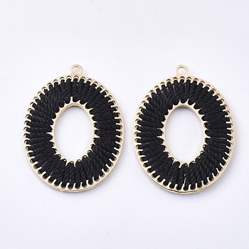 Polyester Thread Woven Pendants, with Golden Plated Alloy Findings, Long-Lasting Plated, Oval, Black, 43x32x3mm, Hole: 2mm