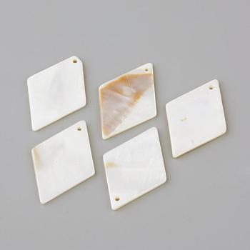 Freshwater Shell Pendants, Rhombus, Creamy White, 37~39x24~26x2mm, Hole: 1~1.5mm