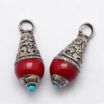 Brass Teardrop Pendants, with Resin Imitation Gemstone and Antique Silver, Red, 26~28x11mm, Hole: 4mm