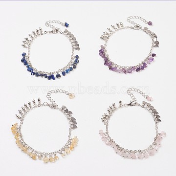 Natural Mixed Stone Chip Beaded Charm Anklets, with 304 Stainless Steel Stamping Blank Tag Pendants and Brass Findings, Heart, Platinum, 8.14 inch (20.7cm)(AJEW-AN00227)