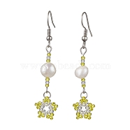 Natural Pearl Dangle Earrings, TOHO Seed Beaded Star Long Drop Earrings with 304 Stainless Steel Pins, Yellow, 54x12mm(EJEW-MZ00120-01)