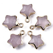Natural Rose Quartz Pendants, with Light Gold Plated Edge and Brass Loop, Star, Faceted, 16~17x13x6.5mm, Hole: 1.6mm(G-N326-36E)