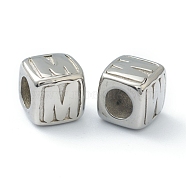 304 Stainless Steel European Beads, Large Hole Beads, Horizontal Hole, Cube with Letter, Stainless Steel Color, Letter.M, 8x8x8mm, Hole: 4mm(STAS-H145-01M-P)