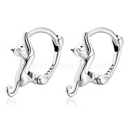 Rhodium Plated 925 Sterling Silver Cute Cat Hoop Earrings for Women, Platinum, 15x14mm, Pin: 1mm(JE1005A)