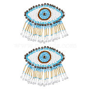 Glass Beaded Sew on Tassel Patches, Evil Eye Appliques, Badges, with Felt Base, Deep Sky Blue, 73~75x79x7mm(PATC-WH0010-23)