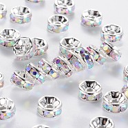 Brass Rhinestone Spacer Beads, Grade AAA, Straight Flange, Nickel Free, Silver Color Plated, Rondelle, Crystal AB, 7x3.2mm, Hole: 1.2mm(RB-A014-Z7mm-28S-NF)