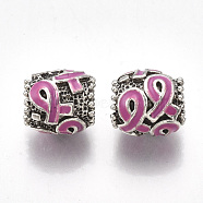 Alloy Enamel European Beads, Large Hole Beads, with Enamel, Drum with Awareness Ribbon, Hot Pink, 11.5x11mm, Hole: 5~6mm(X-MPDL-R036-18A-1)