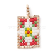 Handmade Seed Beads, Loom Pattern, Rectangle Pendant, Flower, 23x13x2mm, Hole: 3x1.5mm(PALLOY-MZ00151-02)