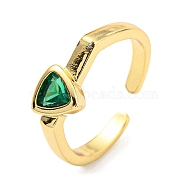 Cubic Zirconia Triangle Open Cuff Rings, Real 18K Gold Plated Brass Earrings, Cadmium Free & Lead Free, Green, Inner Diameter: 17mm(KK-C026-09G)