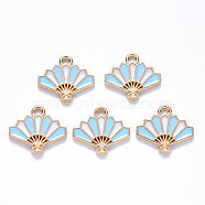 Chinese Style Alloy Enamel Pendants, Fan, Light Gold, Light Sky Blue, 15x17x1.5mm, Hole: 1.6mm(X-ENAM-N054-026A)