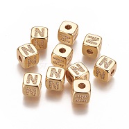 Brass Micro Pave Cubic Zirconia Beads, Horizontal Hole, Real 18K Gold Plated, Long-Lasting Plated, Cube with Letter, Clear, Letter.N, 9x9x9mm, Hole: 3.5mm(KK-K238-16G-N)