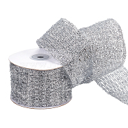 5 Yards Flat Christmas Glitter Metallic Wired Ribbon, Polyester Decorative Ribbon for Gift Wrapping, Tree Decor, Christmas Party Supplies, Silver, 2-1/4 inch(56mm)(OCOR-WH0070-74B)
