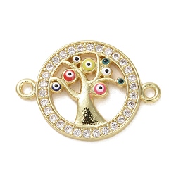 Brass Micro Pave Clear Cubic Zirconia Connector Charms with Enamel, Flat Round with Evil Eye Tree Links, Real 16K Gold Plated, 15x21x2mm, Hole: 1.4mm(KK-H466-03G)