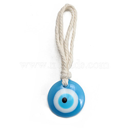 Flat Round with Evil Eye Resin Pendant Decorations, Braided Cotton Cord Hanging Ornament, White, 10.2cm(EVIL-PW0002-12B-04)