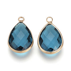 Glass Pendants, with Brass Findings, Faceted, Teardrop, Dark Turquoise, 14x7.5x4mm, Hole: 2.5mm(X-GLAA-S110-A-24)