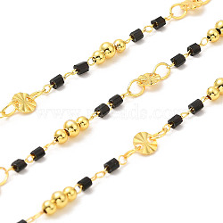 Brass Handmade Beaded Chains, with Glass Beads, with Spool, Unwelded, Real 18K Gold Plated, Black, 0.5~7x2~4mm, about 32.81 Feet(10m)/Roll(CHC-P011-B01-G)