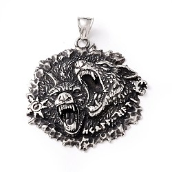 Tibetan Style 304 Stainless Steel Pendants, Wolf, Antique Silver, 49x47.5x7.5mm, Hole: 8x4mm(STAS-P305-39AS)