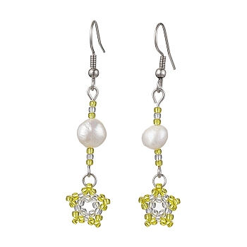 Natural Pearl Dangle Earrings, TOHO Seed Beaded Star Long Drop Earrings with 304 Stainless Steel Pins, Yellow, 54x12mm