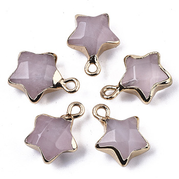 Natural Rose Quartz Pendants, with Light Gold Plated Edge and Brass Loop, Star, Faceted, 16~17x13x6.5mm, Hole: 1.6mm