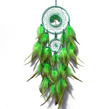 Iron & Glass Chips Pendant Hanging Decoration, Woven Net/Web with Feather Wall Hanging Wall Decor, Lime, 730mm