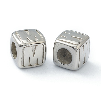 304 Stainless Steel European Beads, Large Hole Beads, Horizontal Hole, Cube with Letter, Stainless Steel Color, Letter.M, 8x8x8mm, Hole: 4mm