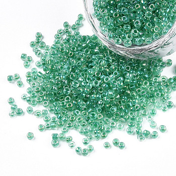 12/0 Glass Seed Beads, Inside Colours, Round Hole, Round, Transparent Colours Rainbow, Medium Sea Green, 12/0, 2~2.5x1.5~2mm, Hole: 0.8mm, about 30000pcs/bag