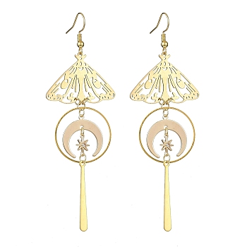 Brass Butterfly & Moon Dangle Earrings, with 201 Stainless Steel Bar Pendants, for Women, Golden, 95x33mm
