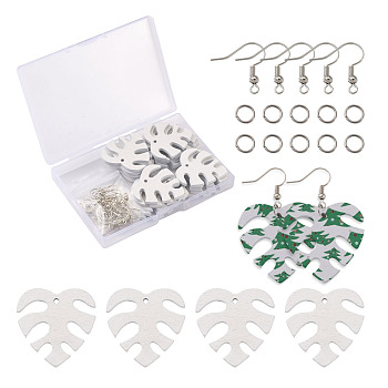 Pandahall DIY Monstera Leaf Dangle Earring Making Kits, Include Spray Painted Wood Big Pendants, Brass Earring Hooks, Platinum, White, Pendant: 50x35mm, 20pcs/box