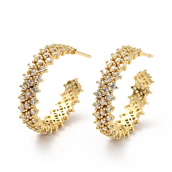 Cubic Zirconia C-Shaped Stud Earrings, Brass Half Hoop Earrings for Women, Cadmium Free & Lead Free, Golden, 21.5x6mm, Pin: 0.7mm