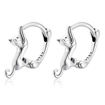 Rhodium Plated 925 Sterling Silver Cute Cat Hoop Earrings for Women, Platinum, 15x14mm, Pin: 1mm