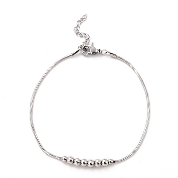 304 Stainless Steel Round Snake Chain Bracelets, with Round Beads, Stainless Steel Color, 7-1/8 inch(18cm), Bead: 4x3mm