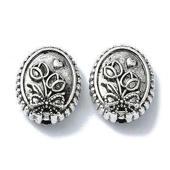 Tibetan Style Alloy Beads, Oval with Flower, Antique Silver, 16x13x6mm, Hole: 1.8mm, about 134pcs/500g