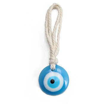 Flat Round with Evil Eye Resin Pendant Decorations, Braided Cotton Cord Hanging Ornament, White, 10.2cm