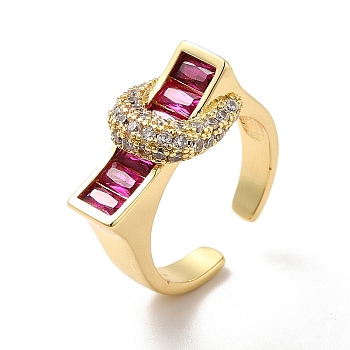 Cubic Zirconia Rectangle with Moon Open Cuff Ring, Real 18K Gold Plated Brass Jewelry for Women, Deep Pink, US Size 7 1/2(17.7mm)