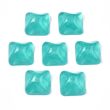 Transparent Resin Cabochons, Water Ripple Cabochons, with Glitter Powder, Square, Dark Turquoise, 16x16x8.5~9mm