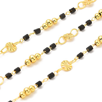 Brass Handmade Beaded Chains, with Glass Beads, with Spool, Unwelded, Real 18K Gold Plated, Black, 0.5~7x2~4mm, about 32.81 Feet(10m)/Roll
