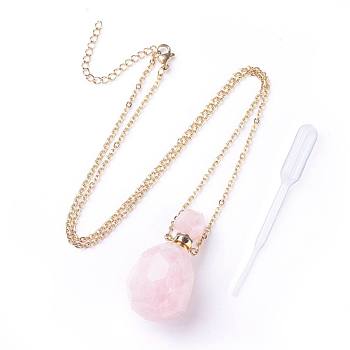 Natural Rose Quartz Openable Perfume Bottle Pendant Necklaces, with 304 Stainless Steel Cable Chain and Plastic Dropper, Bottle, Size: about 34~40 long, 15~20mm wide