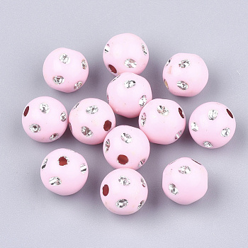 Plating Acrylic Beads, Metal Enlaced, Round, Pink, 9~10x9mm, Hole: 2mm, about 1000pcs/500g